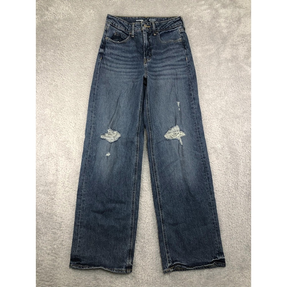Old Navy Jeans Womens 2 (27x31) Blue Sky-Hi Wide Leg Extra High-Rise Distressed